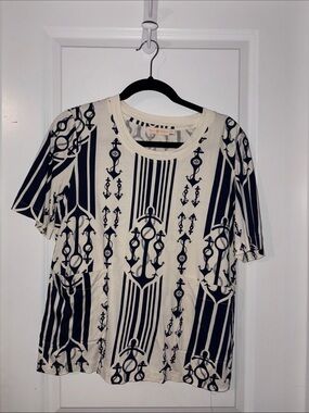 Tory Burch Cream Short Sleeve Top with Navy Anchor Stripe Print